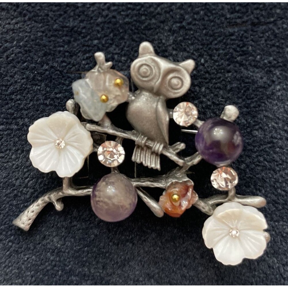 Owl On A Branch Brooch Natural Stone Flower Hijab Pin Costume Jewellery - Picture 9 of 9